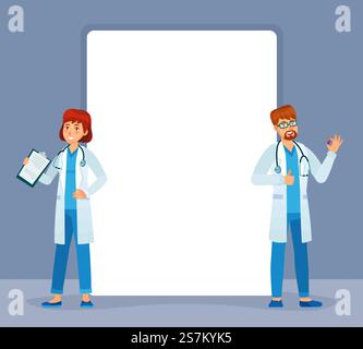 Ärzte stehen neben Banner. Arztärztin Fachfrau und Mann mit epmty-Banner für Nachricht. Vektorabbildung. Ärzte stehen neben Banner. Arztpraztin Stock Vektor