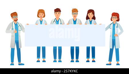 Ärzte halten ein leeres Banner. Medizinisches Personal und Ärzte halten Poster leer, professionelle Klinik Show und Präsentation. Vektorabbildung. Ärzte halten ein leeres Banner. Medizinisches Personal hält Stock Vektor