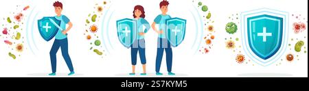 Viruskeime und Bakterienschutz. Gesundes Immunsystem, erwachsener Mann und Frau vor Viren und Bakterien durch Immunitätsschild Vektor Iilustrationsset geschützt. Personenresistenz- und Präventionskrankheit. Viruskeime und Bakterienschutz. Gesundes Immunsystem, erwachsener Mann und Frau vor Viren und Bakterien durch Immunitätsschild Vektor Iilustrationsset geschützt Stock Vektor