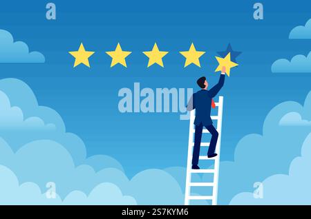 Kundenbewertung. Geschäftsmann steht auf der Leiter und gibt 5-Sterne-Kundenfeedback. Vektorkonzept des positiven Review-Bewertungssystems. Erfolgsrezension des Geschäftsmannes, Kundenabbildung des Bewertungsservice. Kundenbewertung. Geschäftsmann steht auf der Leiter und gibt 5-Sterne-Kundenfeedback. Vektorkonzept des positiven Review-Bewertungssystems Stock Vektor