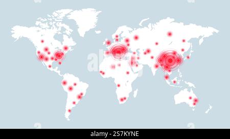 Bestätigte COVID-19-Fälle auf der Weltkarte. Infografik-Informationen, statistische Viruskrankheit auf der Erde, Vektorinfektion globale Hintergrund-Illustration. Bestätigte COVID-19-Fälle auf der Weltkarte. Infografik Stock Vektor