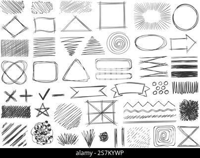 Skizzenformen. Monochrome Scribble-Symbole, Zeichenstift-Rahmen, Strich und Schatten, schraffierte schattierte Abzeichen runden und quadratischen Form Vektorsatz. Doodle Tick, Plus und Kreuz, Stern und Pfeil. Skizzenformen. Monochrome Scribble-Symbole, Zeichenstift-Rahmen, Strich und Schatten, schraffierte schattierte Abzeichen runden und quadratischen Form Vektorsatz Stock Vektor