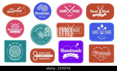 Handgemachte Abzeichen Logo, grafische Logotypetikett, hochwertige handgemachte Firma, Handwerk Schneiderei und Nähen, Vektorillustration. Handgefertigtes Logo, grafisches Logo-Etikett Stock Vektor