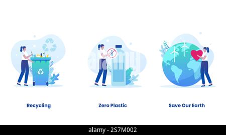 Vektorbildungs-Set für das Konzept des Müllrecyclings. Abbildungen für Websites, Landing-Pages, mobile Anwendungen, Poster und Banner. Stock Vektor