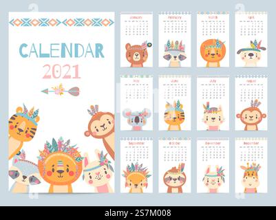 Stammestierkalender. Monatlicher Kalender 2021 mit niedlichen Waldtieren und Savannenfiguren. Bär, Fuchs und Löwe, Kaninchen, Giraffen Vektorbild. Charaktere mit Federn und Blumen auf dem Kopf. Stammestierkalender. Monatlicher Kalender 2021 mit niedlichen Waldtieren und Savannenfiguren. Bär, Fuchs und Löwe, Kaninchen, Giraffen Vektorbild Stock Vektor