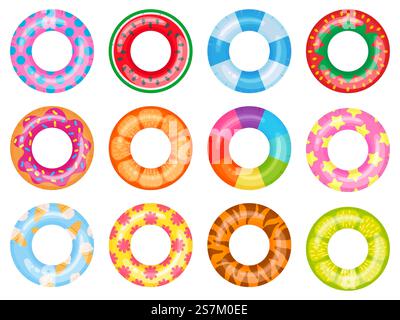 Schwimmring aus Gummi. Rosafarbene Lebensretter, schwimmende Ringe im Sommer-Swimmingpool. Regenbogen Rettungsring Top View Cartoon Vektor Illustration Set. Ringgummi Ausrüstung, Lebensretter für Pool oder Meer. Schwimmring aus Gummi. Rosafarbene Lebensretter, schwimmende Ringe im Sommer-Swimmingpool. Regenbogen Rettungsring Top View Cartoon Vektor Illustration Set Stock Vektor