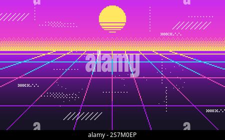 Vaporwave Hintergrund für Disco, virtueller Trend, Glow Vintage Retrowave 90er Jahre, futuristischer Neonraum. Vektorabbildung. Vaporwave Hintergrund für Disco, virtuell trendy, Glow Vintage Stock Vektor