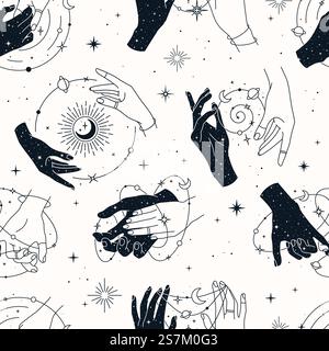 Nahtloses Vektor-Muster mit Paar- und Einzelhänden, Planeten, Sternbildern, Sonne, Monden und Sternen. Trendiger Hintergrund für Design von Stoff, Verpackung, Handyhülle, Notizbuchhüllen, Astrologie, Geschenkpapier. Stock Vektor