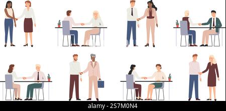 Geschäftspartner schütteln die Hände. Mitarbeiter für die Zusammenarbeit, Besprechung und Vereinbarung, Abschlüsse. Beziehungen zu Kollegen. Unternehmensvektorsatz für Teamarbeit und Partnerschaft, Illustration von Geschäftsabschlüssen. Geschäftspartner schütteln die Hände. Mitarbeiter für die Zusammenarbeit, Besprechung und Vereinbarung, Abschlüsse. Beziehungen zu Kollegen. Vektorsatz für Teamarbeit im Unternehmen Stock Vektor