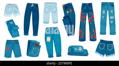 Jeanshose aus Denim. Trendige Damenjeans. Shorts und Hosen in Cartoon-Optik mit Patches und Textur. Freizeit-Stil Kleidung Vektor-Set. Denim Hosen Mode, Freizeit Hosen Bekleidungsillustration. Jeanshose aus Denim. Trendige Damenjeans. Shorts und Hosen in Cartoon-Optik mit Patches und Textur. Freizeit-Stil Kleidung Vektor-Set Stock Vektor