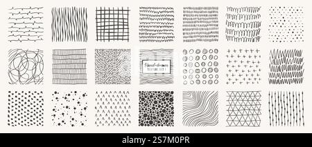 Satz von handgezeichneten Mustern isoliert. Vektortexturen mit Tinte, Bleistift, Pinsel. Geometrische Kritzelformen von Flecken, Punkten, Kreisen, Strichen, Streifen, Linien. Vorlage für soziale Medien, Poster, Drucke. Stock Vektor