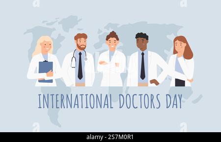 Internationaler Ärztetag. Klinische Profis, Männer und Frauen Ärzte in weißen medizinischen Kitteln mit Weltkarte. Vektorkonzept im Gesundheitswesen. Ärztetag, Krankenhauspersonal-Care-Illustration. Internationaler Ärztetag. Klinische Profis, Männer und Frauen Ärzte in weißen medizinischen Kitteln mit Weltkarte. Vektorkonzept im Gesundheitswesen Stock Vektor