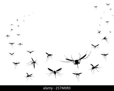 Fliegende Mücken Silhouetten Gruppe. Fliegende Insekten Schwarm verbreitet Krankheiten gefährliche Infektionen und Viren, schwarze Wellen Vektormücken. Mückeninsektensilhouette isoliert, Illustration der Mückenmalaria. Fliegende Mücken Silhouetten Gruppe. Fliegende Insekten Schwarm verbreitet Krankheiten gefährliche Infektionen und Viren, schwarze Wellen Vektormücken Stock Vektor