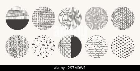 Geometrische Kritzelformen von Flecken, Punkten, Kreisen, Strichen, Streifen, Linien. Satz handgezeichneter Kreismuster. Vektortexturen mit Tinte, Bleistift, Pinsel. Vorlage für soziale Medien, Poster, Drucke. Stock Vektor