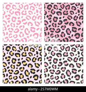 Rosafarbenes Leopardenmuster. Nahtloser Tierdruck, trendiges wildes Katzendesign stilisierter Hintergrund für Modestoff, Tapetenvektor-Textur. Stilvolles modisches Leopardentextil, Geschenkpapier-Design.. Rosafarbenes Leopardenmuster. Nahtloser Tierdruck, trendiges wildes Katzendesign stilisierter Hintergrund für Modestoff, Tapetenvektor-Textur Stock Vektor