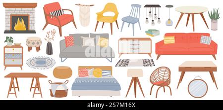 Hygge-Möbel für Zuhause. Gemütliches Innendekor Kamin, Tische, Stuhl, Sofa und Kissen. Trendige skandinavische Schlafzimmer Möbel Vektor Set. Moderne Lampen, Pflanzen, Korb zur Zimmerdekoration. Hygge-Möbel für Zuhause. Gemütliches Innendekor Kamin, Tische, Stuhl, Sofa und Kissen. Trendige skandinavische Schlafzimmer Möbel Vektor Set Stock Vektor