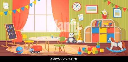 Kindergarteneinrichtung. Kindertagesstätte mit Möbeln und Kinderspielzeug. Vorschulkinderzimmer zum Spielen, Aktivitäten und Lernen, Vektor-Cartoon. Tafel und Tisch mit Stühlen für Kinder. Kindergarteneinrichtung. Kindertagesstätte mit Möbeln und Kinderspielzeug. Vorschulkinderzimmer zum Spielen, Aktivitäten und Lernen, Vektor-Cartoon Stock Vektor