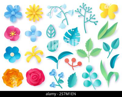 Papierschnitte Pflanzenblätter. Realistische 3D Origami Zweige, Blumen, Zweige und Gras. Frühlings- und Sommerpastellblüte. Floral Craft Vektor Set. Farbenfrohe Blütenblätter und heller Schmetterling für die Einrichtung. Papierschnitte Pflanzenblätter. Realistische 3D Origami Zweige, Blumen, Zweige und Gras. Frühlings- und Sommerpastellblüte. Floral Craft Vektor Set Stock Vektor