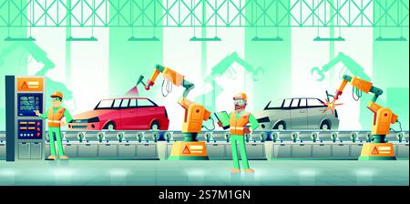 Autofabrik robotisierte Produktionslinie Cartoon Vektor. Techniker, die das Schweißen und Lackieren der Fahrzeugkarosserie mit Roboterhänden am Förderband steuern, Illustration. Computergestützte numerische Steuerungstechnik. Robotisierte Autofabrik Cartoon-Vektor-Konzept Stock Vektor