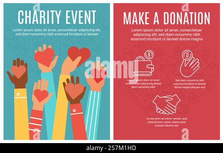 Flyer für wohltätige Veranstaltungen. Spendenplakat und Freiwilligenplakat. Hände spenden Herzen und Symbole der Linie. Community Help Broschüre Vektorkonzept. Menschen teilen Geld und Liebe mit erhobenen Armen. Flyer für wohltätige Veranstaltungen. Spendenplakat und Freiwilligenplakat. Hände spenden Herzen und Symbole der Linie. Community Help Broschüre Vektorkonzept Stock Vektor