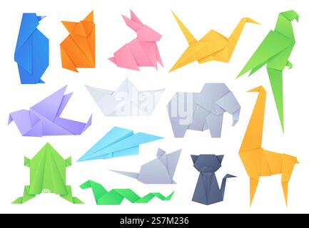Origami-Tiere. Geometrische gefaltete Formen für japanische Spielpapiere Boot und Flugzeug, Kran, Vögel, Katze, Elefant und Kaninchen. Basteln Hobby Vektor Set. Illustration Elefantenpapier und Wal, Kran und Katze. Origami-Tiere. Geometrische gefaltete Formen für japanische Spielpapiere Boot und Flugzeug, Kran, Vögel, Katze, Elefant und Kaninchen. Basteln Hobby Vektor Set Stock Vektor