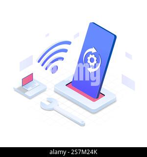 Fortschritt der Aktualisierung des Betriebssystems isometrische Darstellung Konzept. Illustration für Websites, Landing-Pages, mobile Anwendungen, Poster und Banner. Stock Vektor