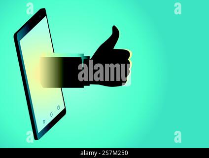 Vektordarstellung einer Hand, die vom Smartphone erscheint und den Daumen nach oben zeigt Stock Vektor