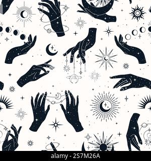Nahtloses Vektor-Muster mit Paar- und Einzelhänden, Planeten, Sternbildern, Sonne, Monden und Sternen. Trendiger Hintergrund für Design von Stoff, Verpackung, Handyhülle, Notizbuchhüllen, Astrologie, Geschenkpapier. Stock Vektor