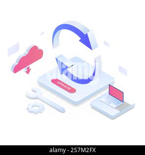System Update isometrische Darstellung Konzept. Illustration für Websites, Landing-Pages, mobile Anwendungen, Poster und Banner. Stock Vektor