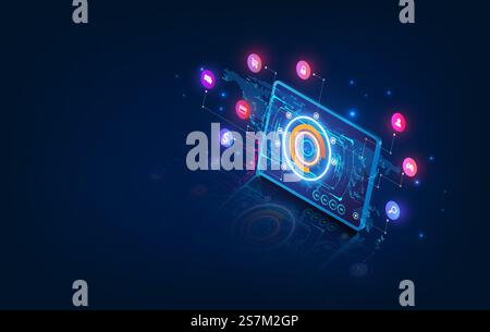 IOT-isometrisches Konzept. Die mobile App des Smart Home steuert das Internet der Dinge per Telefon und Tablet. Systemtechnik für die Hausautomatisierung. Stock Vektor