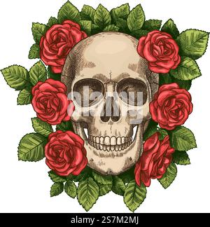 Schädel und Rosen. Toter Skelettkopf und rote Blumen, handgezeichnete Gothic-Tattoo-Grafik. Vintage gruselige halloween Tod Sketch Vektor Symbol. Bunte Blüte und grünes Laub um den Kopf. Schädel und Rosen. Toter Skelettkopf und rote Blumen, handgezeichnete Gothic-Tattoo-Grafik. Vintage gruselige halloween Tod Sketch Vektor Symbol Stock Vektor