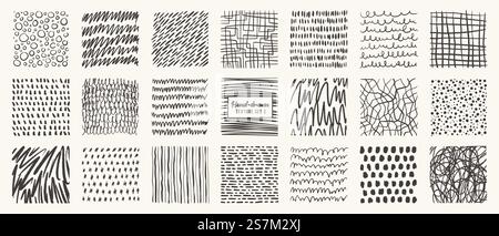 Satz von handgezeichneten Mustern isoliert. Vektortexturen mit Tinte, Bleistift, Pinsel. Geometrische Kritzelformen von Flecken, Punkten, Kreisen, Strichen, Streifen, Linien. Vorlage für soziale Medien, Poster, Drucke Stock Vektor