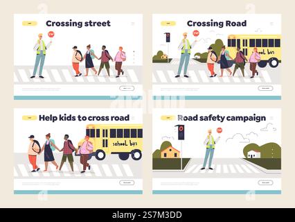 Kinder und Straßenüberquerung Set von Landingpage mit Beamten und Gruppe von Kindern auf dem Gehweg. Cross Road Safe Konzept. Niedliche Zeichentrickschüler auf der Straße. Illustration des flachen Vektors. Kinder und Straßenüberquerung Set von Landingpage mit Beamten und Gruppe von Kindern auf dem Gehweg Stock Vektor