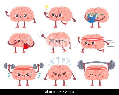 Hirnfiguren. Glückliche Gehirne in verschiedenen Posen und Emotionen, mentale Bewegung, Bildung Metapher kreative Maskottchen Ikonen Cartoon Vektor Set. Ideen haben, Buch lesen, Kaffee trinken, Sport treiben. Hirnfiguren. Glückliche Gehirne in verschiedenen Posen und Emotionen, mentale Bewegung, Bildung Metapher kreative Maskottchen Ikonen Cartoon Vektor Set Stock Vektor