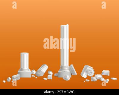Antike Säulen aus weißem Marmorstein gebrochen auf Stücken, alte griechische Stadt oder römische Tempel, Palastruinen Fragmente isoliert 3D realistische Vektor Illustration. Design-Element für touristische Attraktionen. Gebrochen auf Stücken alte Marmorsäulen Vektor Stock Vektor