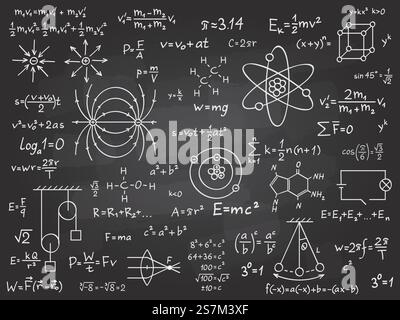 Wissenschaftliche Formeln. Mathematik- und Physikrechner auf dem Schwarzen Brett der Klasse. Algebra und physikalisch-handgeschriebenes Vektorbildungskonzept. Mathematische Berechnung auf der Tafel. Physikalisches Theorem. Wissenschaftliche Formeln. Mathematik- und Physikrechner auf dem Schwarzen Brett der Klasse. Algebra und physikalisch-handgeschriebenes Vektorbildungskonzept Stock Vektor