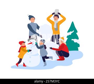 Winteraktivitäten. Glückliche Familie, die Schneemänner macht. Eltern mit Kindern verbringen Zeit im schneebedeckten Park. Aktive Erholung, Freizeit im Urlaub. Winterferien und lustige Vektor-Illustration. Winteraktivitäten. Glückliche Familie, die Schneemänner macht. Eltern mit Kindern verbringen Zeit im schneebedeckten Park, Freizeit Stock Vektor