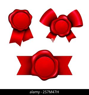 Vector 3d Realistic Sealing Wachs Collection – Set mit Bändern. Etiketten für Auszeichnungen, Garantien und Briefe. Vintage Dekorationsobjekt, Tag für geheime Nachricht oder Papier mit der Universität, College-Abschluss. Vektor-realistische Dichtungswachs-Kollektion mit Bändern Stock Vektor