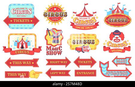 Vintage Zirkusetiketten. Willkommensschautafeln, Karneval Einladung Tags, magische Party Pfeile Aufkleber, Zirkuszelt und Werbeschilder flache Vektor Set. Zirkus Karneval Vintage, Rahmen Festival Festzelt Illustration. Vintage Zirkusetiketten. Willkommensschautafeln, Karneval Einladung Tags, magische Party Pfeile Aufkleber, Zirkuszelt und Werbeschilder flache Vektor Set Stock Vektor
