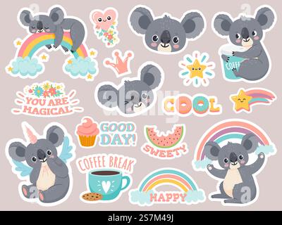 Magische Koala-Aufkleber. Faule australische Koalas, die auf Regenbogen schlafen. Patches mit niedlichen Tiereinhörnern. Fröhliches Märchen-Cartoon-Vektor-Set. Illustration Koala lustiges Gesicht, australien süßes Baby. Magische Koala-Aufkleber. Faule australische Koalas, die auf Regenbogen schlafen. Patches mit niedlichen Tiereinhörnern. Fröhliches Märchen-Cartoon-Vektor-Set Stock Vektor