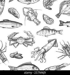 Nahtloses Muster mit Meeresfrüchten. Handgezeichneter Hummer, Krabben, Austern und Muscheln, Tintenfische, Garnelen und Fische skizzieren Meereslebewesen Vektor-Textur. Lebensmittel- und Angelsportkonzept. Design für Café oder Restaurant. Nahtloses Muster mit Meeresfrüchten. Handgezeichneter Hummer, Krabben, Austern und Muscheln, Tintenfische, Garnelen und Fische skizzieren Meereslebewesen Vektor-Textur Stock Vektor