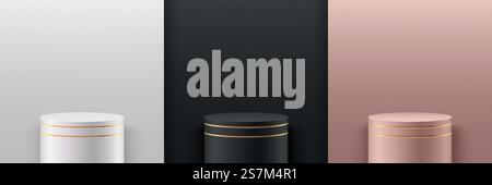 Set aus abstraktem, luxuriösem runden Display für Produkt auf der Website in modern. Hintergrund-Rendering mit Podium und minimaler Textur Wandszene, 3D-Rendering geometrischer Form weiß Schwarz und Roségold. Stock Vektor