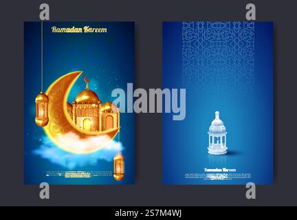 Ramadan Kareem und Eid Mubarak Grußbanner für muslimische Feiertage. Vektordekor von Laternen Licht, Moschee Minarett, Sichel Mond und funkelnden Stern mit Arabisch für islamische Kalligraphie Stock Vektor