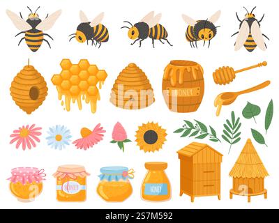 Imkerei. Bienenzuchtprodukte verschiedener Honig in Glasgläsern. Bienenwabe, Bienenwachs, Bienenstock, Blumen und Bienen Bio-Lebensmittel-Vektor-Set. Illustration Honig und Imkerei, Biene und süße Bio. Imkerei. Bienenzuchtprodukte verschiedener Honig in Glasgläsern. Bienenwabe, Bienenwachs, Bienenstock, Blumen und Bienen Bio-Lebensmittel-Vektor-Set Stock Vektor