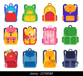 Schulrucksack. Farbe Schultaschen Reißverschluss und Taschen mit Schreibwaren Zubehör für Studenten, Rucksäcke für Reisen, Studie Flat Vektor Set. Schultasche und Gepäck, Rucksack und Rucksack Illustration. Schulrucksack. Farbe Schultaschen Reißverschluss und Taschen mit Schreibwaren Zubehör für Studenten, Rucksäcke für Reisen, Studie Flat Vektor Set Stock Vektor