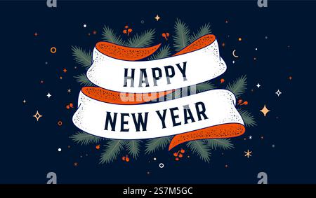 Frohes Neues Jahr. Frohes Neues Jahr. Grußkarte mit Band und Text Happy New Year. Vintage-Band-Banner im Gravurstil der alten Schule. Feiertagshintergrund, Poster für Happy New Year. Vektorabbildung Stock Vektor