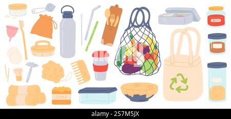 Keine Verschwendung. Wiederverwendbare, plastikfreie und umweltfreundliche Produkte Taschen, Bambusstroh, Behälter und Holzbesteck. Verkleinern Sie den Garbage Vector Set. Abbildung: Umweltfreundlicher wiederverwendbarer und recycelter Abfall. Keine Verschwendung. Wiederverwendbare, plastikfreie und umweltfreundliche Produkte Taschen, Bambusstroh, Behälter und Holzbesteck. Verkleinern Sie den Garbage Vector Set Stock Vektor