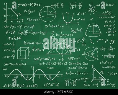 Mathematische Theorie. Mathematikberechnung auf dem Schwarzen Brett der Klasse. Algebra- und Geometriewissenschaft handgeschriebene Formeln Vektorbildungskonzept. Formel und Theorie auf der Tafel, Illustration der Wissenschaftsstudie. Mathematische Theorie. Mathematikberechnung auf dem Schwarzen Brett der Klasse. Algebra- und Geometriewissenschaft handgeschriebene Formeln Vektorbildungskonzept Stock Vektor