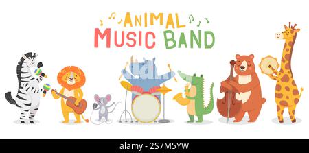 Tiermusiker Charaktere. Lustige Tiere spielen Musikinstrumente, Musiker mit Gitarre, Saxophon und Maracas, Geigen-Kinder-Comic-Vektor-Set. Iillustration Musiker Tier, Charakter mit Instrument. Tiermusiker Charaktere. Lustige Tiere spielen Musikinstrumente, Musiker mit Gitarre, Saxophon und Maracas, Geigen-Kinder-Comic-Vektor-Set Stock Vektor