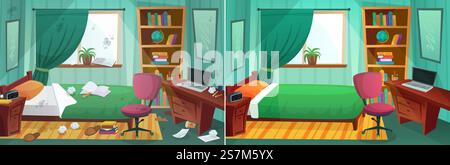 Zimmer vor und nach der Reinigung. Vergleich von unordentlichem Schlafzimmer und sauberem Kinderzimmer. Innenraum nach dem Gezeiten-Service. Schmutziges Fenster, Bett, Papier im Zimmer. Vektorillustration für Tisch und Bücherregal. Zimmer vor und nach der Reinigung. Vergleich von unordentlichem Schlafzimmer und sauberem Kinderzimmer. Nach dem Gezeitendienst zu Hause Stock Vektor